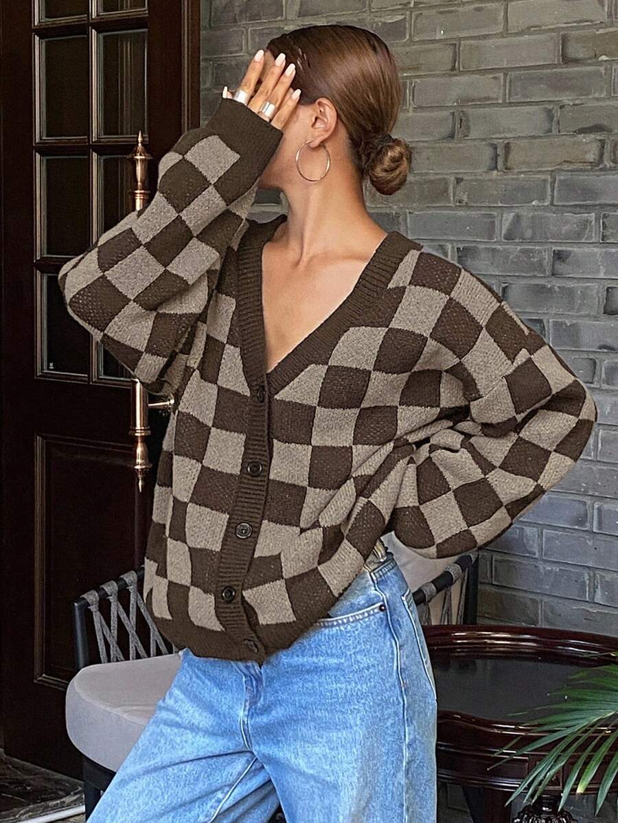 Waverly Checkerboard Knit Cardigan - Brown