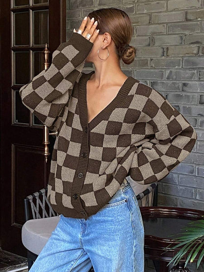 Waverly Checkerboard Knit Cardigan - Brown