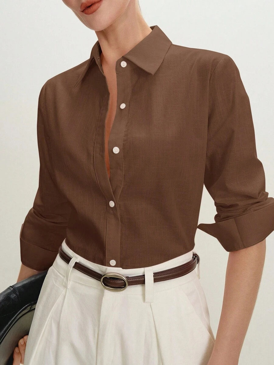 Arabella Classic Collared Button Down Long Sleeve Cotton Shirt - Brown