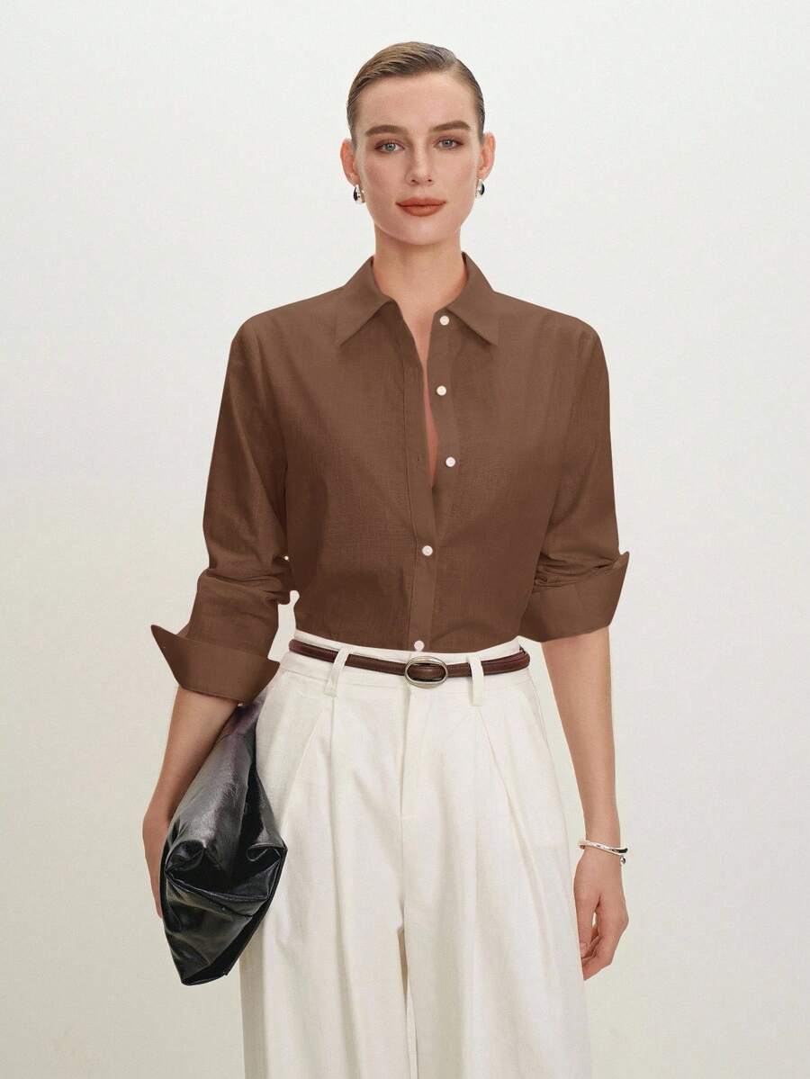 Arabella Classic Collared Button Down Long Sleeve Cotton Shirt - Brown