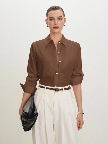 Arabella Classic Collared Button Down Long Sleeve Cotton Shirt - Brown