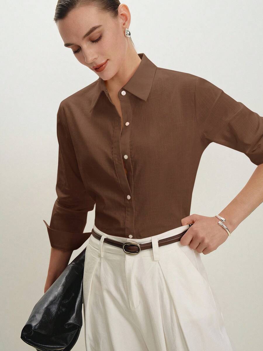 Arabella Classic Collared Button Down Long Sleeve Cotton Shirt - Brown