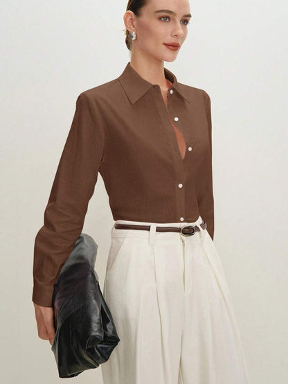 Arabella Classic Collared Button Down Long Sleeve Cotton Shirt - Brown