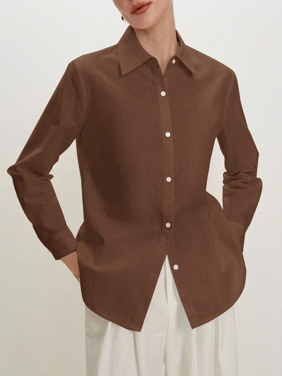 Arabella Classic Collared Button Down Long Sleeve Cotton Shirt - Brown