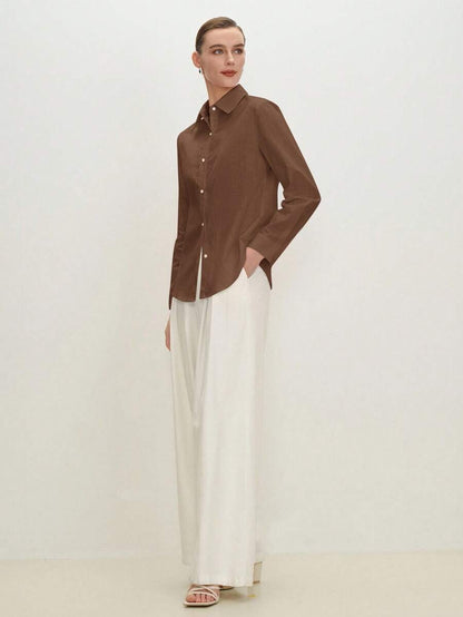 Arabella Classic Collared Button Down Long Sleeve Cotton Shirt - Brown