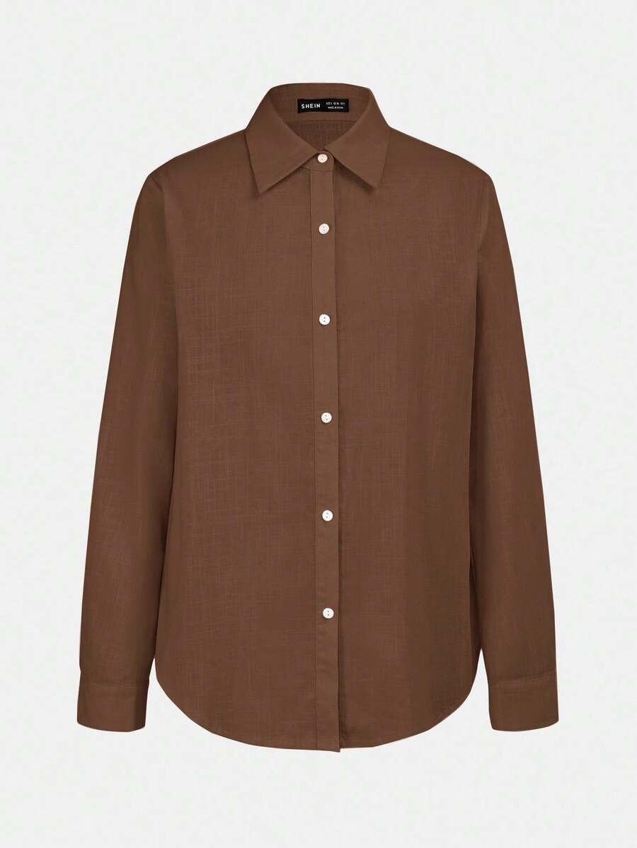 Arabella Classic Collared Button Down Long Sleeve Cotton Shirt - Brown