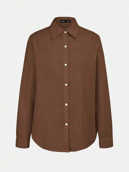 Arabella Classic Collared Button Down Long Sleeve Cotton Shirt - Brown