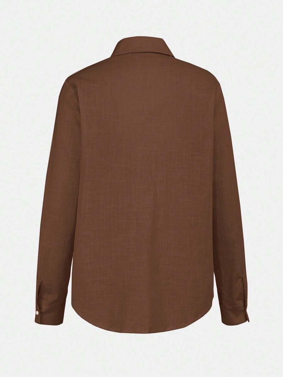 Arabella Classic Collared Button Down Long Sleeve Cotton Shirt - Brown