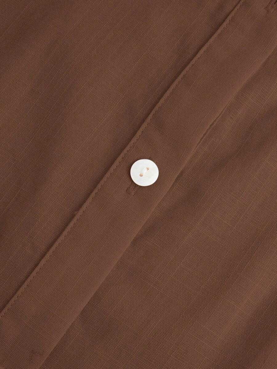 Arabella Classic Collared Button Down Long Sleeve Cotton Shirt - Brown