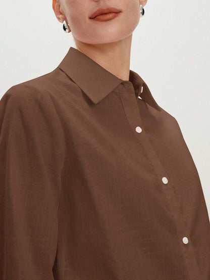 Arabella Classic Collared Button Down Long Sleeve Cotton Shirt - Brown