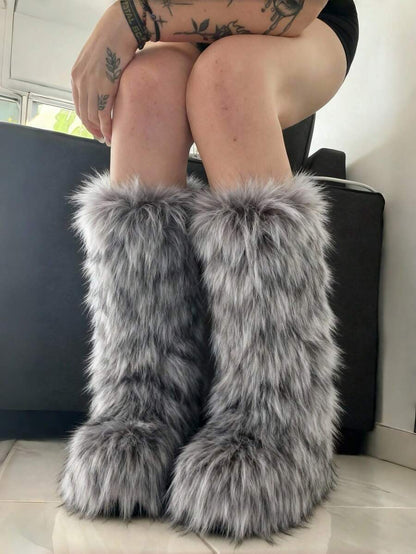 Women's Winter Furry Snow Boots Fuzzy Fluffy Round Toe Suede Booties Flat Heel Slip On Outdoor Indoor Shoes Fashion Warm Fluffy Shoes Mensa