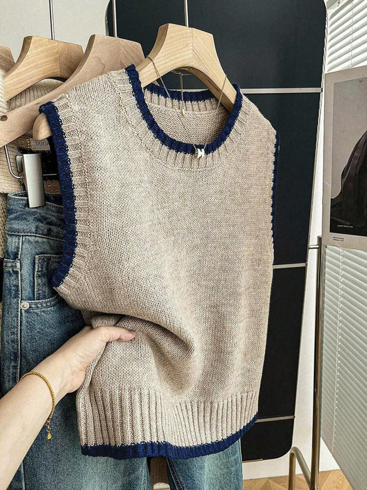 Beatrice Contrast Trim Sleeveless Knit Sweater Vest - Taupe with Navy Trim