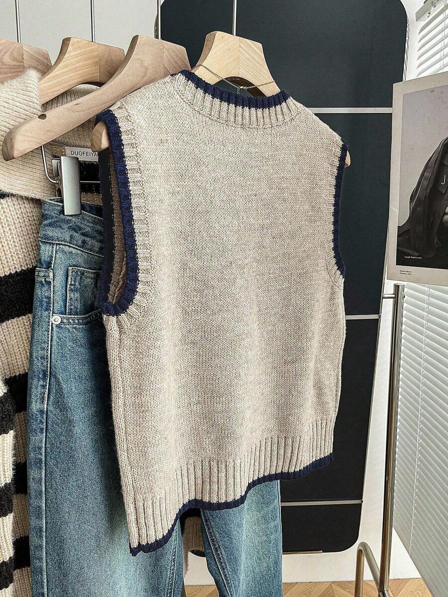 Beatrice Contrast Trim Sleeveless Knit Sweater Vest - Taupe with Navy Trim