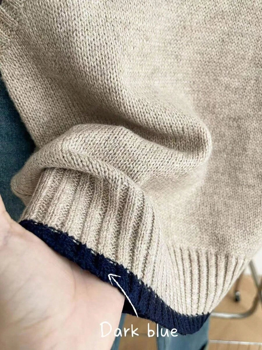 Beatrice Contrast Trim Sleeveless Knit Sweater Vest - Taupe with Navy Trim