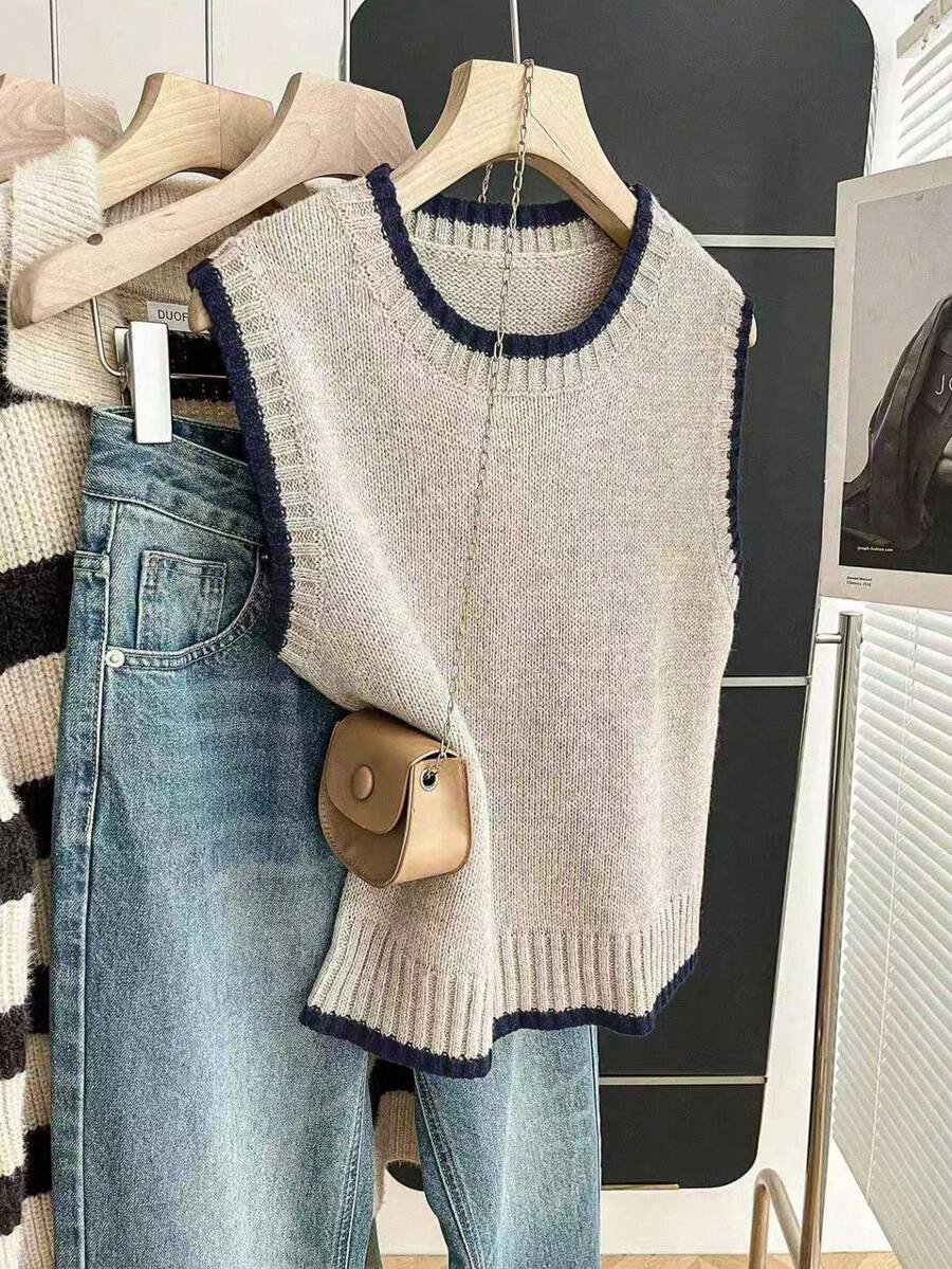 Beatrice Contrast Trim Sleeveless Knit Sweater Vest - Taupe with Navy Trim