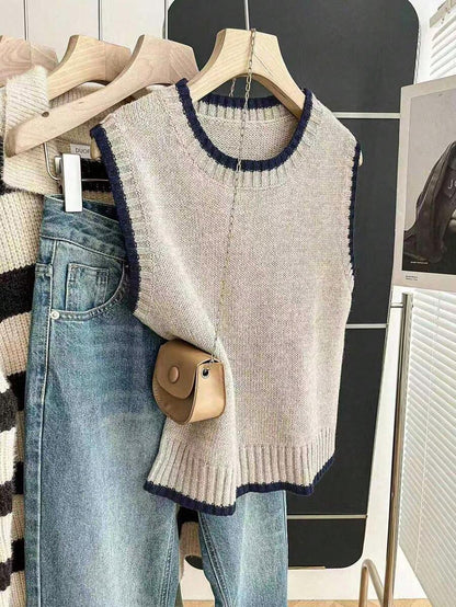 Beatrice Contrast Trim Sleeveless Knit Sweater Vest - Taupe with Navy Trim