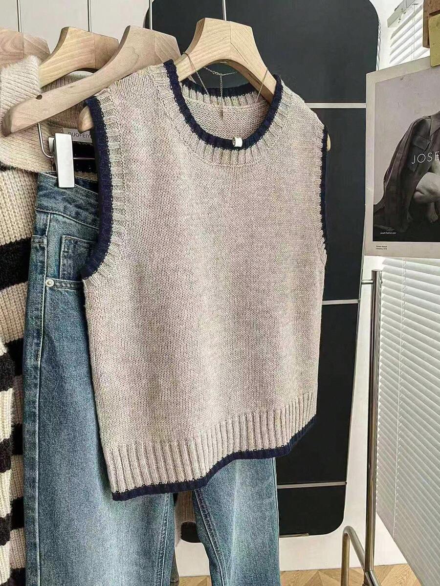Beatrice Contrast Trim Sleeveless Knit Sweater Vest - Taupe with Navy Trim