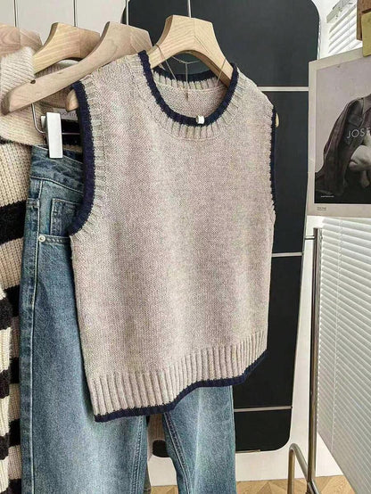 Beatrice Contrast Trim Sleeveless Knit Sweater Vest - Taupe with Navy Trim