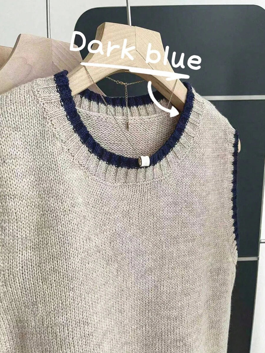 Beatrice Contrast Trim Sleeveless Knit Sweater Vest - Taupe with Navy Trim