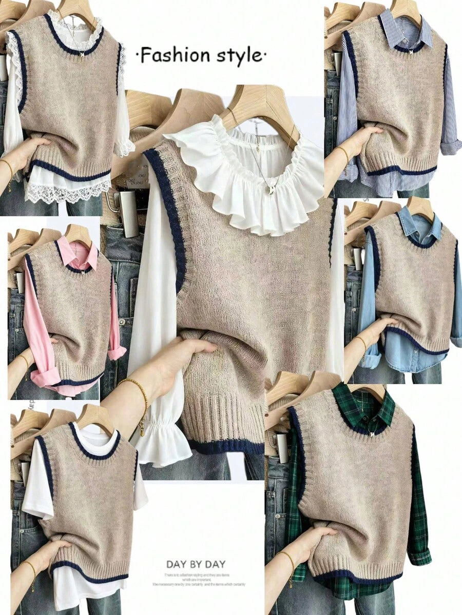 Beatrice Contrast Trim Sleeveless Knit Sweater Vest - Taupe with Navy Trim