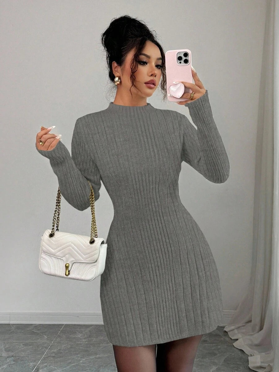 Carys Ribbed Sweater Dress with Mock Neck and Long Sleeves - Grey