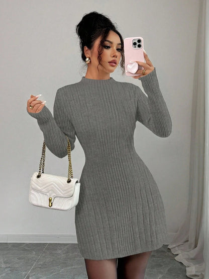 Carys Ribbed Sweater Dress with Mock Neck and Long Sleeves - Grey
