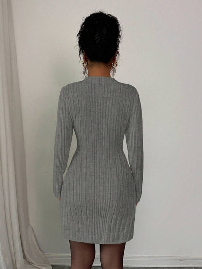 Carys Ribbed Sweater Dress with Mock Neck and Long Sleeves - Grey