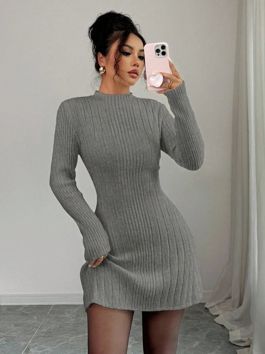 Carys Ribbed Sweater Dress with Mock Neck and Long Sleeves - Grey