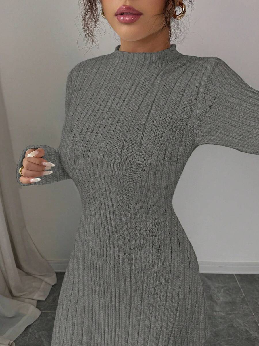 Carys Ribbed Sweater Dress with Mock Neck and Long Sleeves - Grey