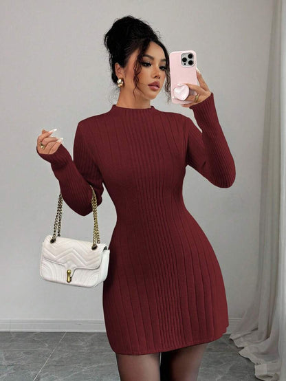 Carys Ribbed Sweater Dress with Mock Neck and Long Sleeves - Burgundy
