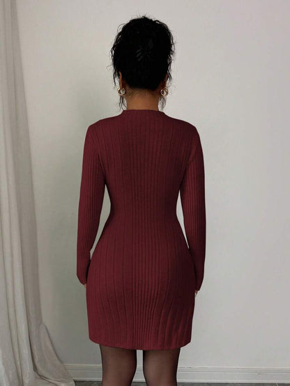Carys Ribbed Sweater Dress with Mock Neck and Long Sleeves - Burgundy