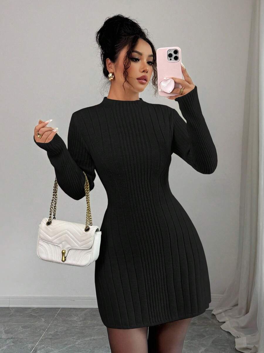 Carys Ribbed Sweater Dress with Mock Neck and Long Sleeves - Black