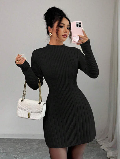 Carys Ribbed Sweater Dress with Mock Neck and Long Sleeves - Black