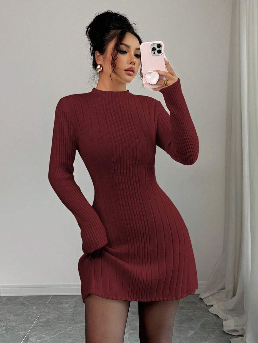Carys Ribbed Sweater Dress with Mock Neck and Long Sleeves - Burgundy