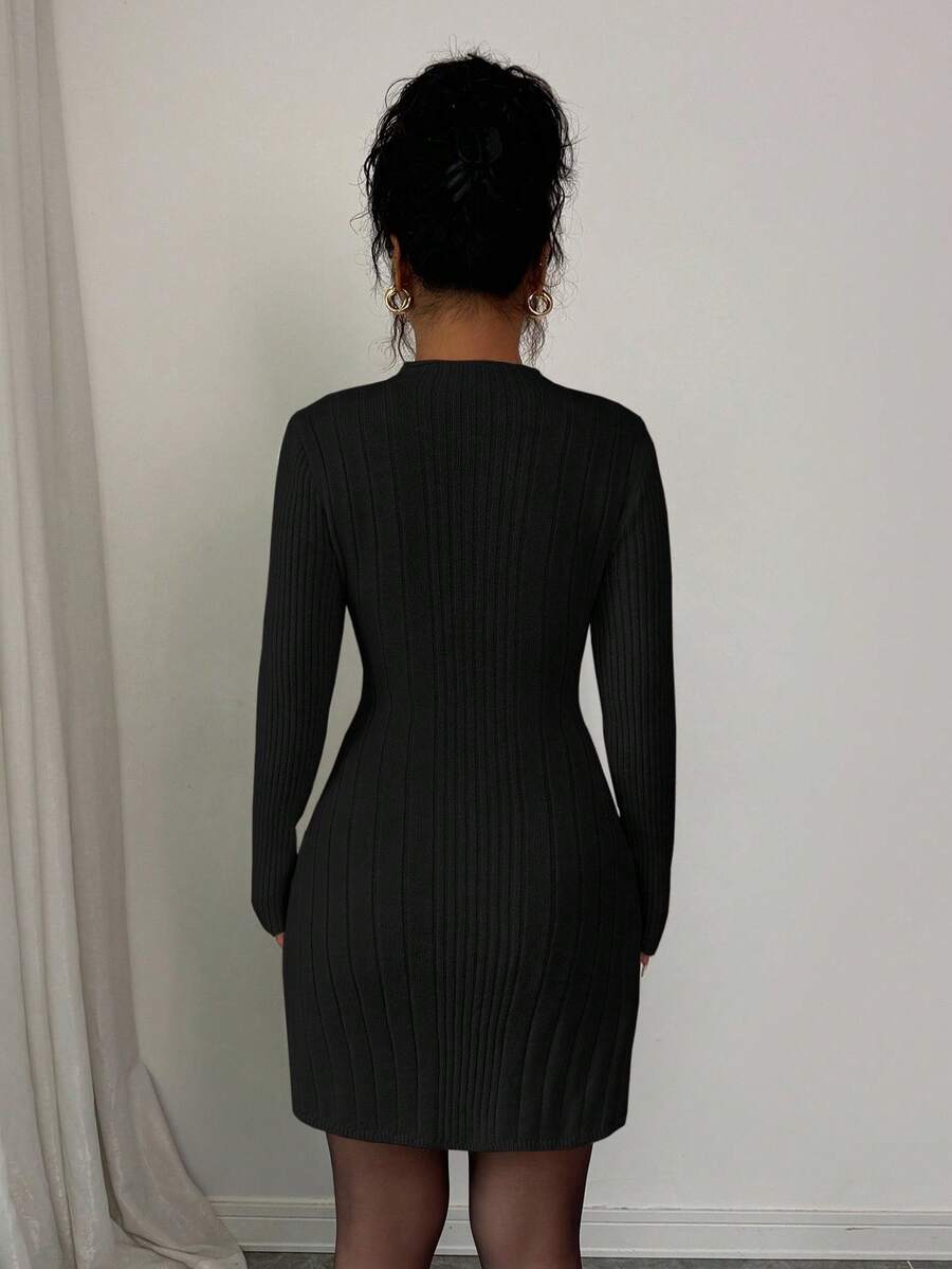 Carys Ribbed Sweater Dress with Mock Neck and Long Sleeves - Black