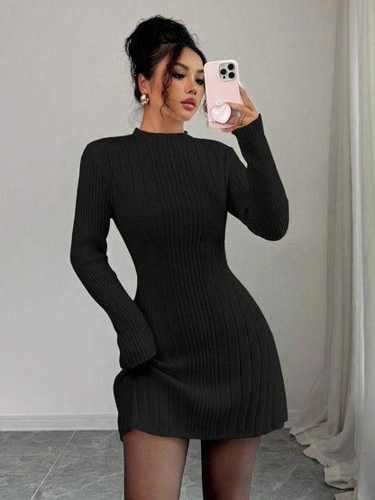 Carys Ribbed Sweater Dress with Mock Neck and Long Sleeves - Black