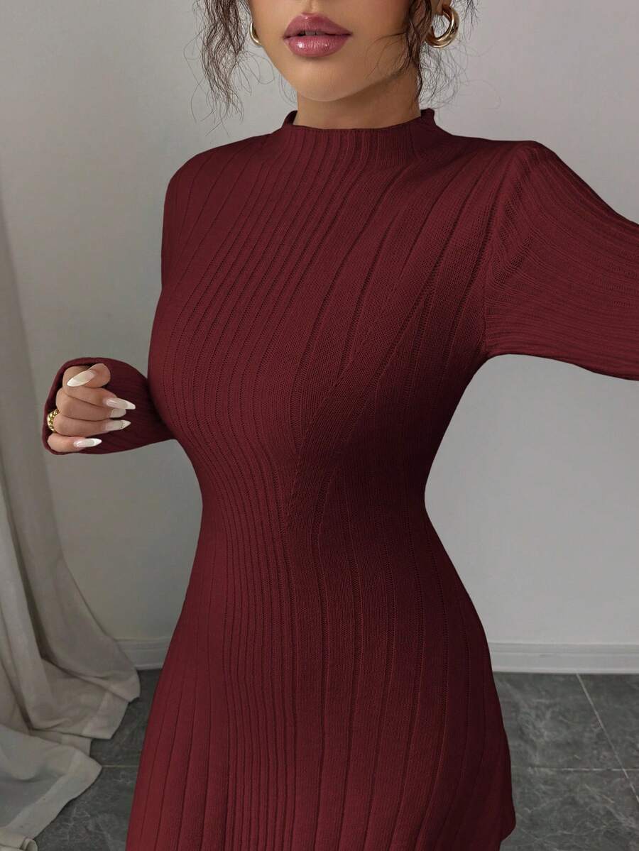 Carys Ribbed Sweater Dress with Mock Neck and Long Sleeves - Burgundy