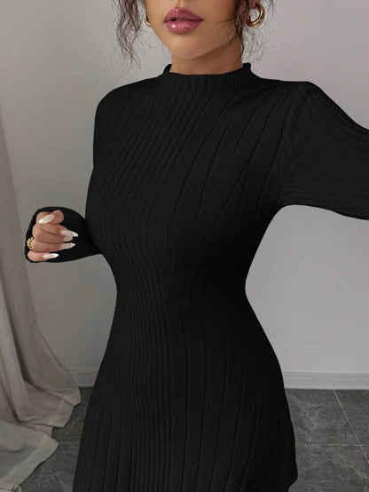 Carys Ribbed Sweater Dress with Mock Neck and Long Sleeves - Black