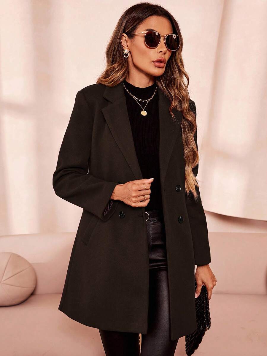 Aveline Double-Breasted Lapel Coat with Tailored Thigh-Length Cut - Navy Blue