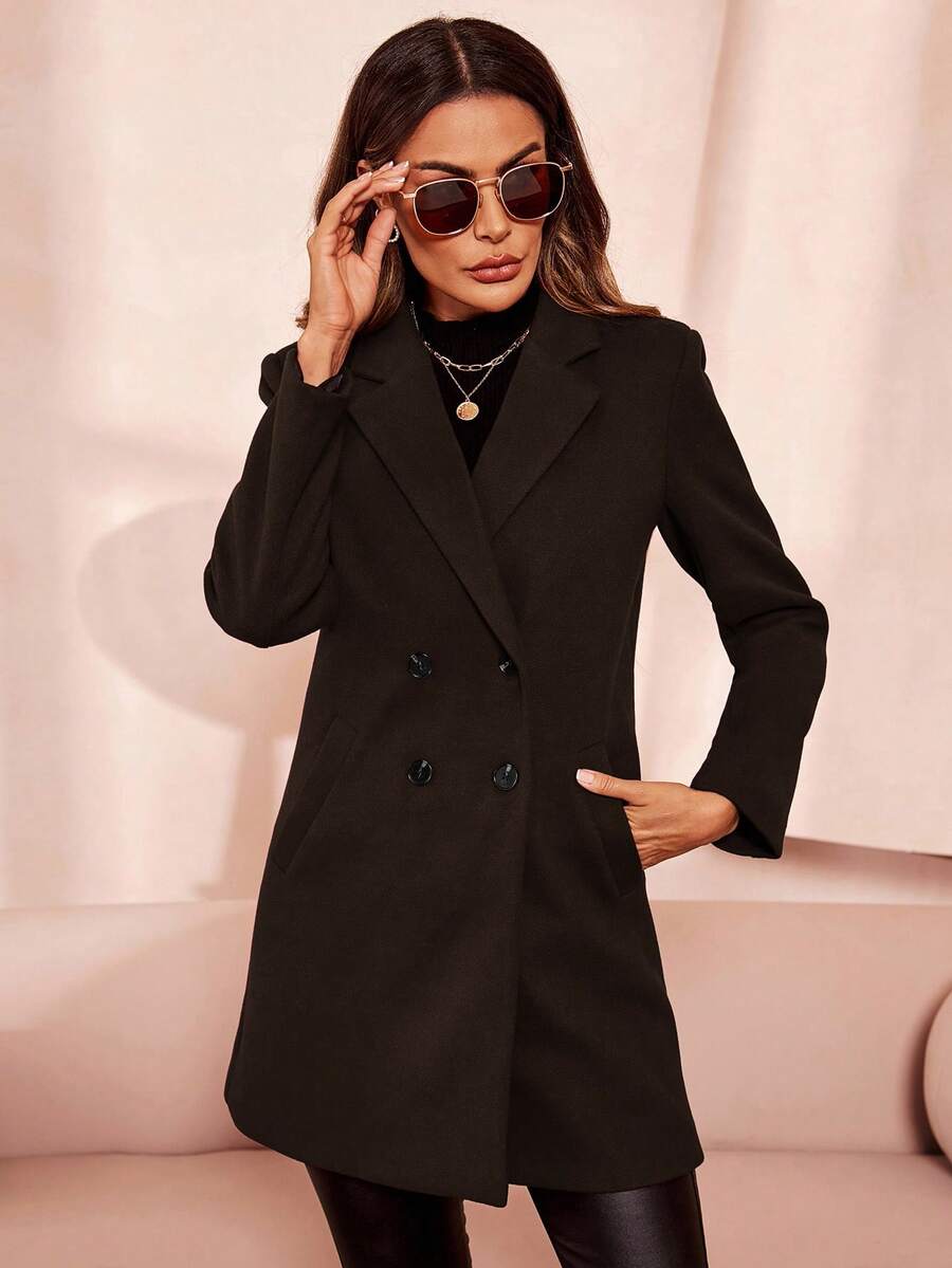 Aveline Double-Breasted Lapel Coat with Tailored Thigh-Length Cut - Dark Grey