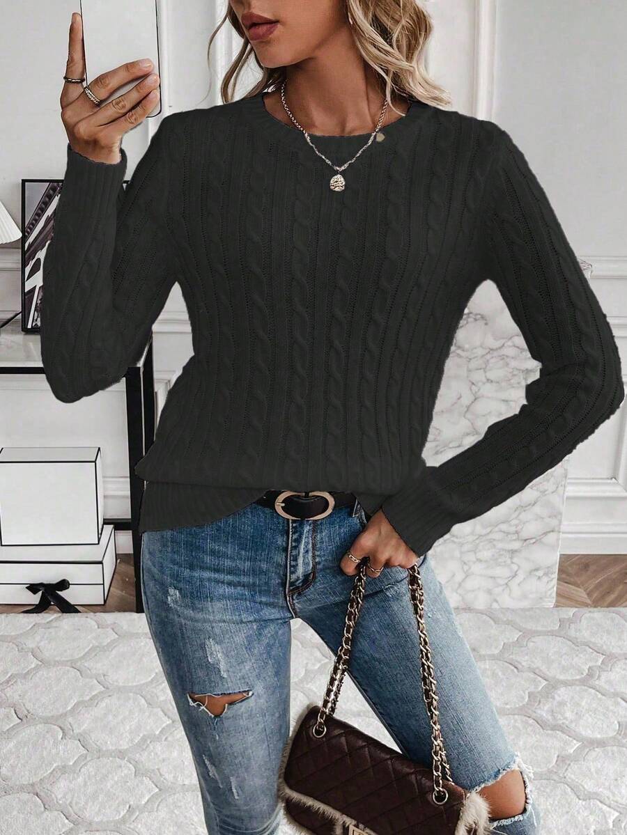Livia Twist Cable Knit Crew Neck Sweater Fitted Pullover - Black