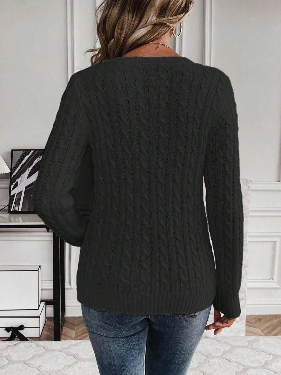 Livia Twist Cable Knit Crew Neck Sweater Fitted Pullover - Black
