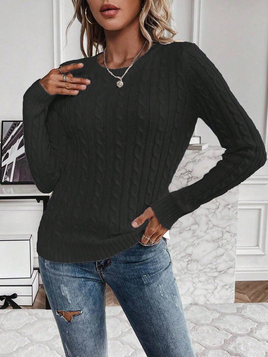 Livia Twist Cable Knit Crew Neck Sweater Fitted Pullover - Black