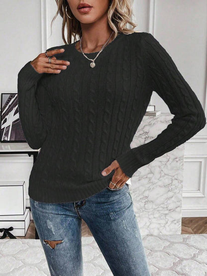 Livia Twist Cable Knit Crew Neck Sweater Fitted Pullover - Black