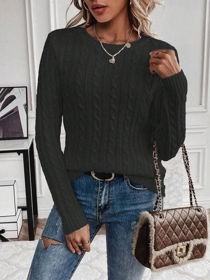 Livia Twist Cable Knit Crew Neck Sweater Fitted Pullover - Black