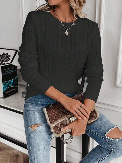 Livia Twist Cable Knit Crew Neck Sweater Fitted Pullover - Black