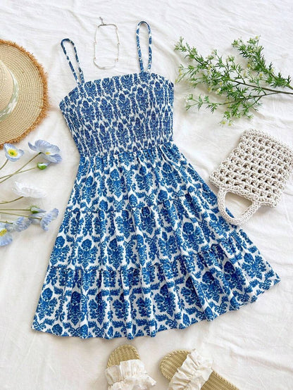 Soleia Women's Summer Holiday Solid Color Spaghetti Strap Dress With Ruffled Hem Mensa