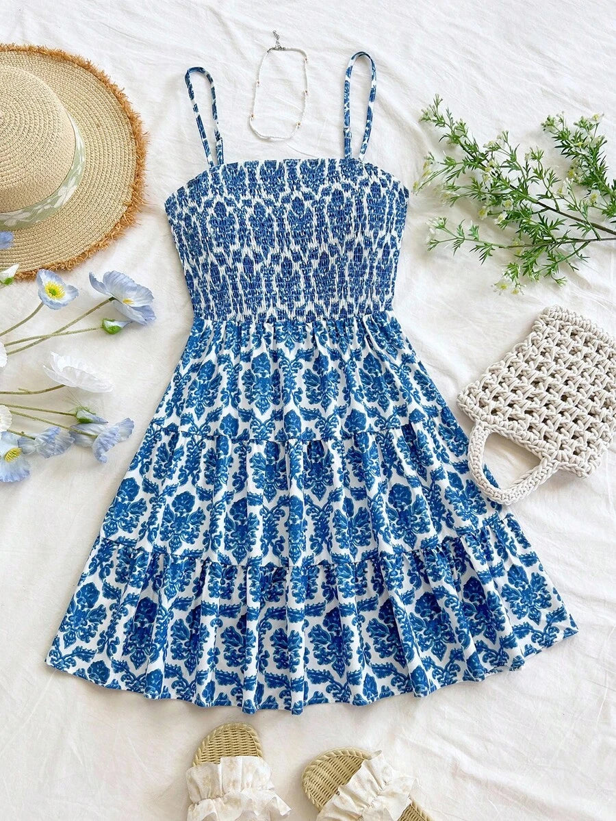 Soleia Women's Summer Holiday Solid Color Spaghetti Strap Dress With Ruffled Hem Mensa