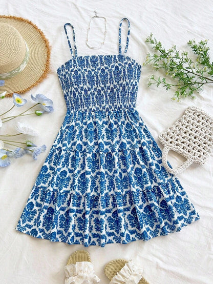Soleia Women's Summer Holiday Solid Color Spaghetti Strap Dress With Ruffled Hem Mensa