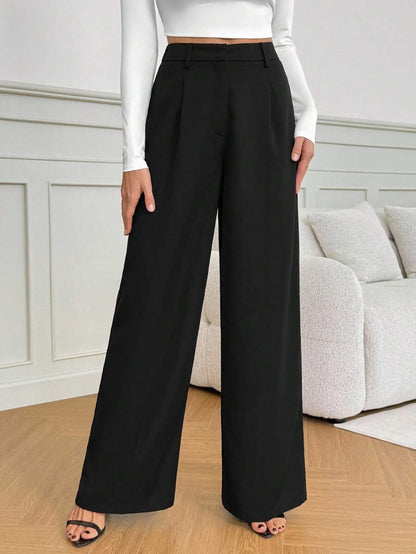 Isla High Waisted Wide Leg Pants with Pleated Front - Black